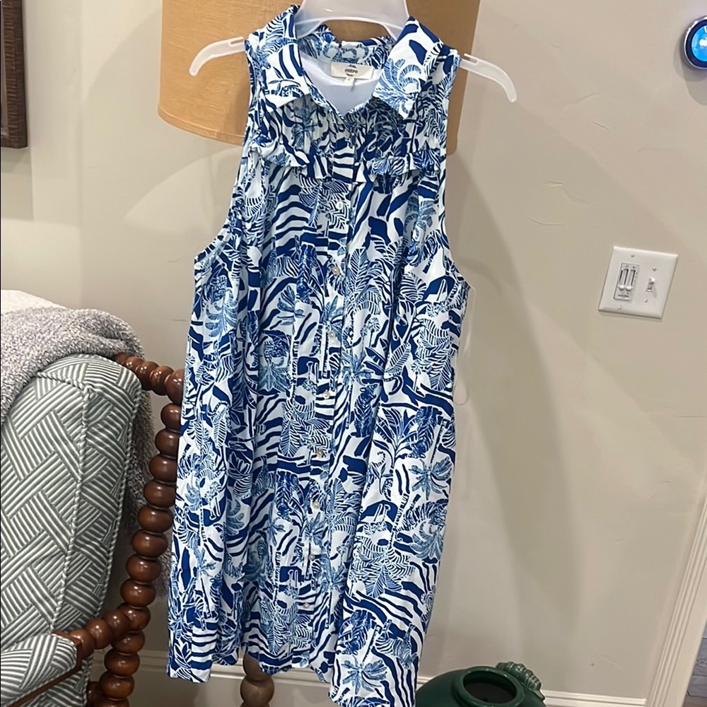 Entro Blue and White Patterned Sleeveless Dress
